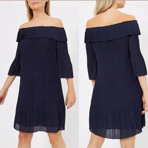Ted baker navy blue pleated off the shoulder party dress size 8